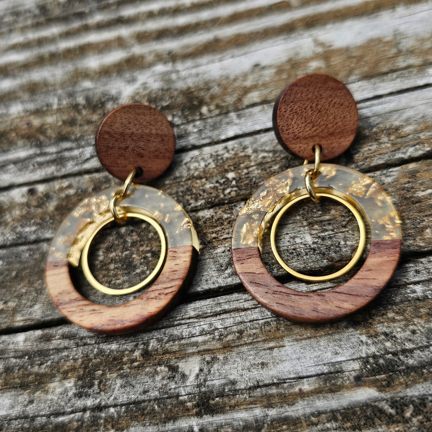 Gold Walnut & Resin Earrings