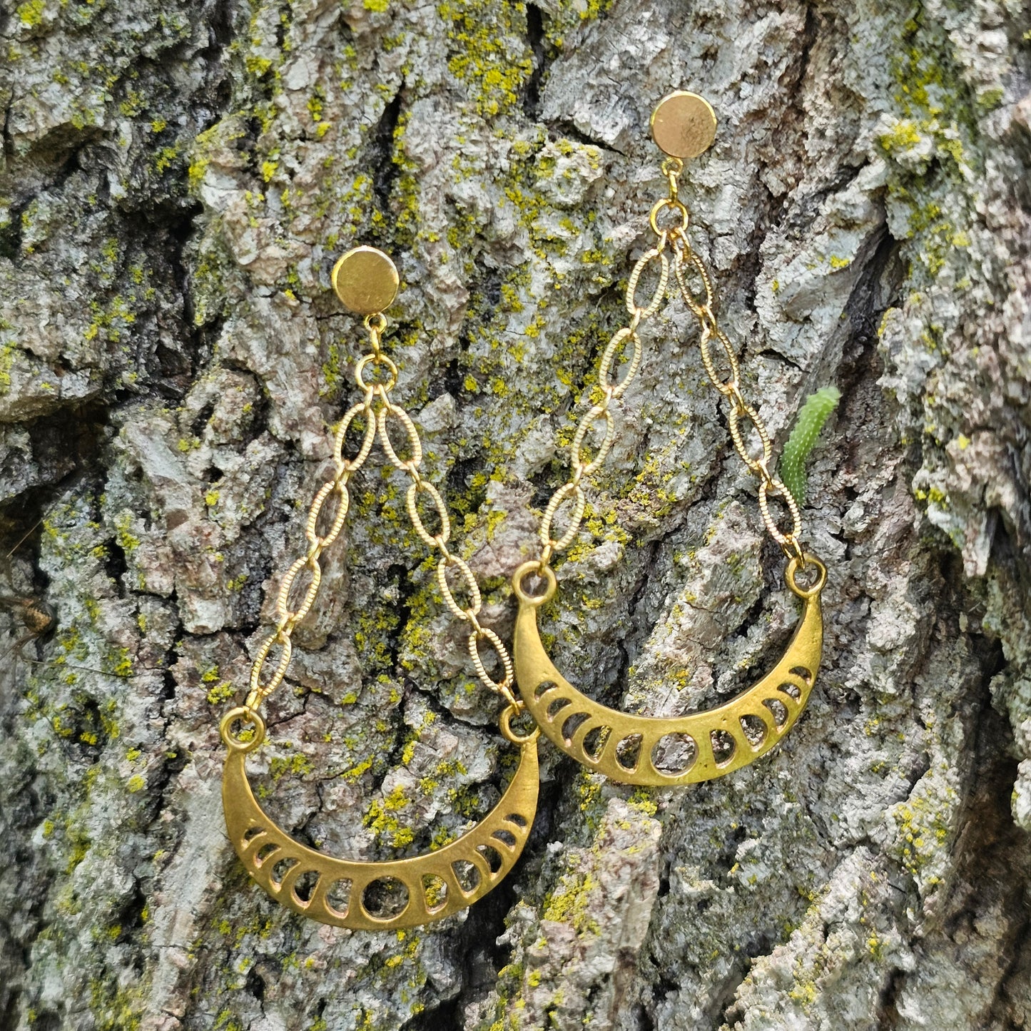 Brass Crescent Moon Dangle Earrings – Boho Statement Jewelry with Chain Detail