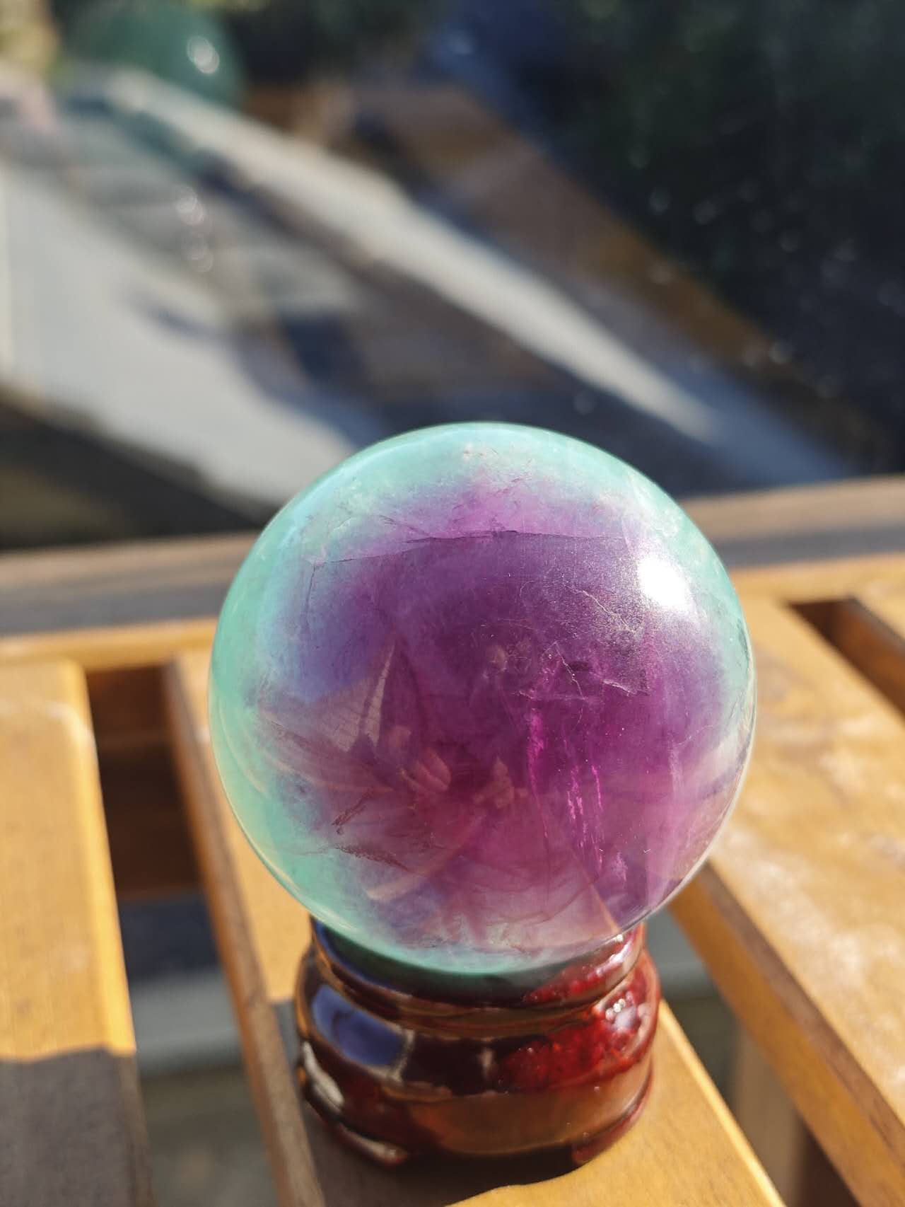Rare Watermelon Fluorite Sphere with Feather | 299g | 5.6cm Diameter | High-Energy Healing Crystal