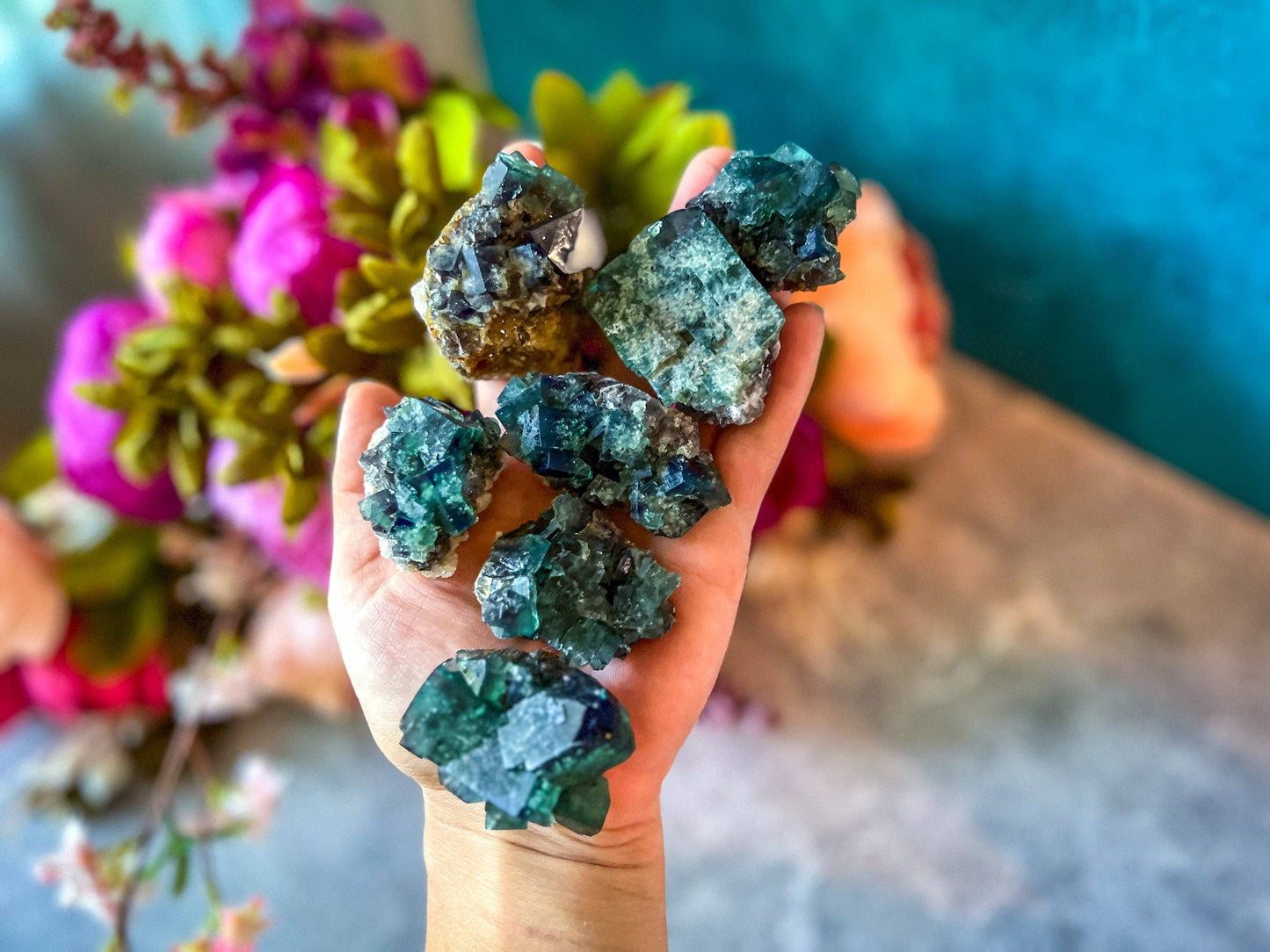 Naughty Gnome Pocket Fluorite Clusters, Daylight Fluorescent