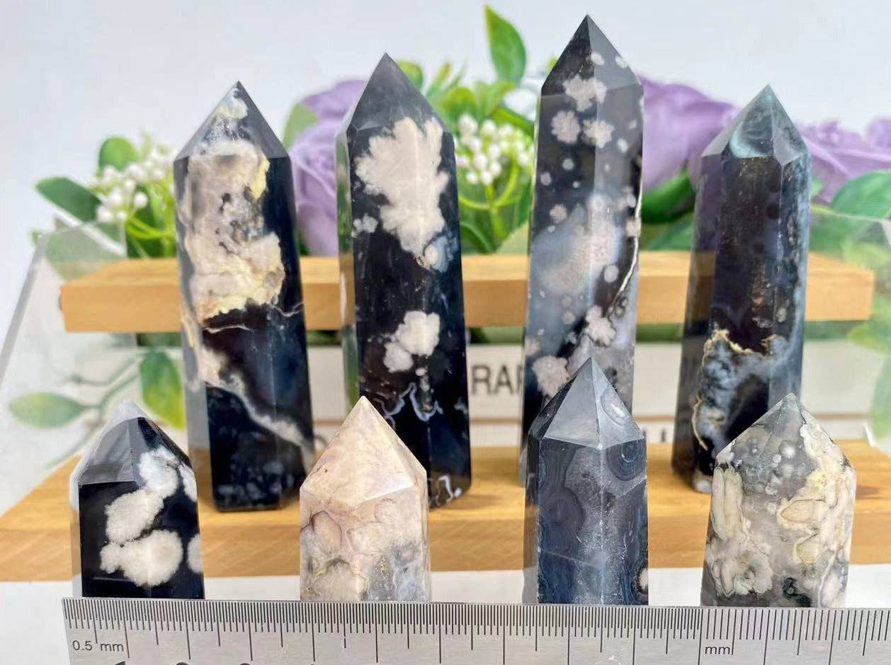 Black Flower Agate Crystal Obelisk Tower Point Generator