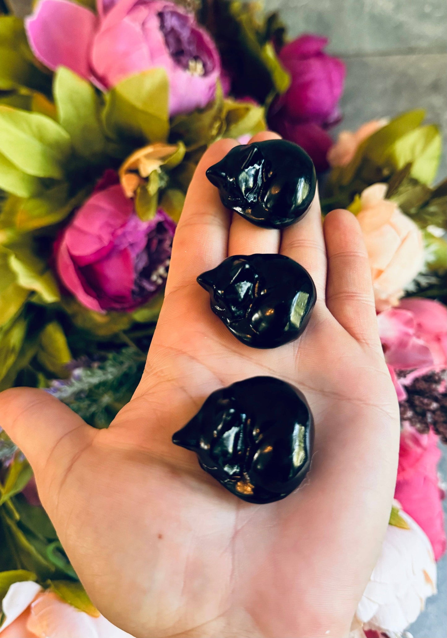 Sleepy Black Obsidian Cats, Mini Black Cat, Black Crystal Cat, Cat Lover Gift