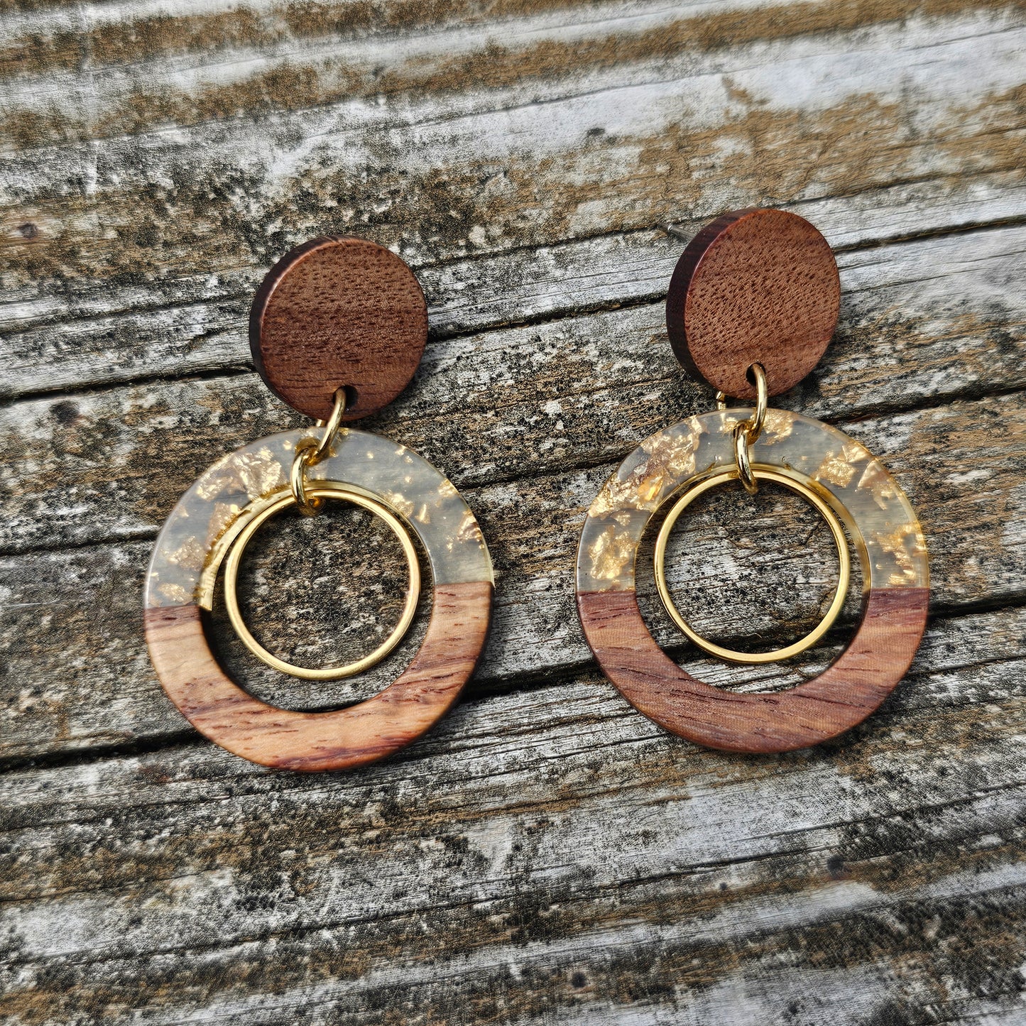 Gold Walnut & Resin Earrings
