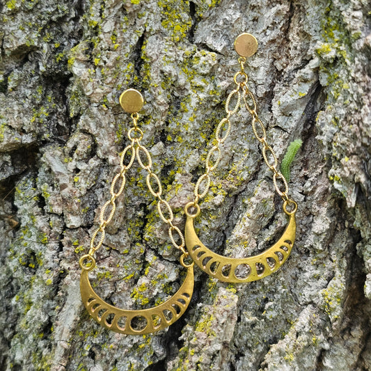 Brass Crescent Moon Dangle Earrings – Boho Statement Jewelry with Chain Detail