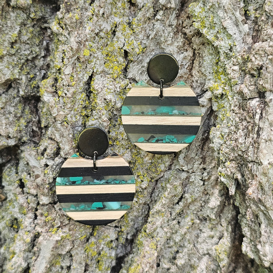 Handmade Resin and Walnut Wood Earrings with Teal Flecks – Stainless Steel Studs