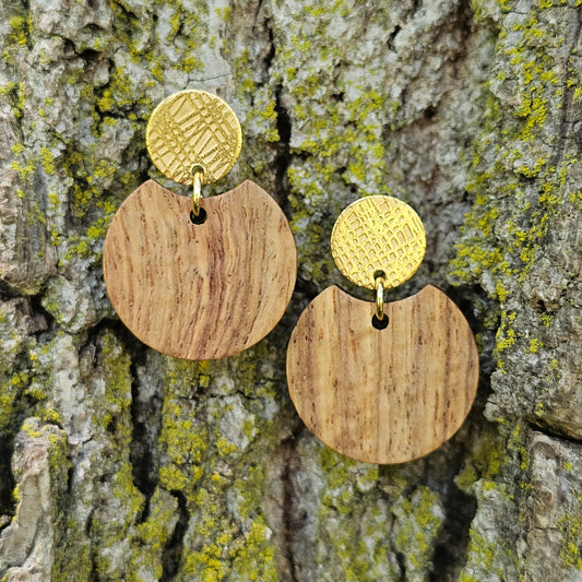 Textured Gold & Wood Earrings – Stainless Steel, Lightweight & Handmade