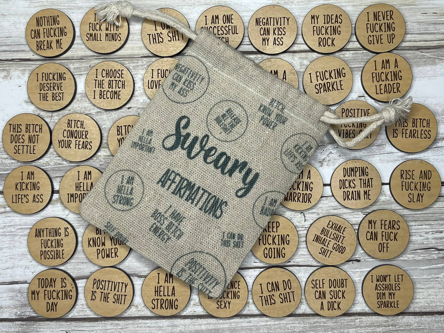 Sweary Affirmation Tokens with Burlap Bag