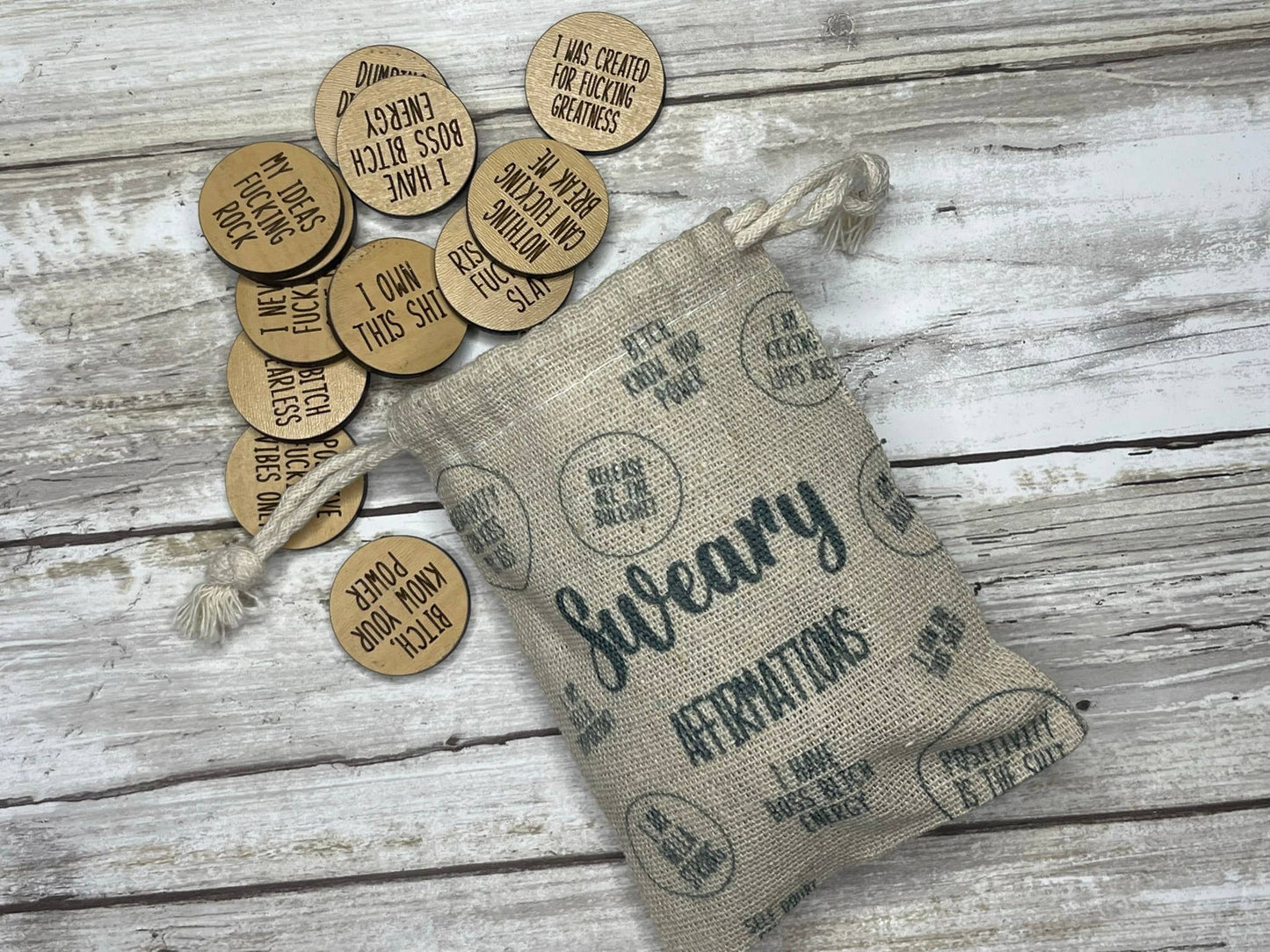 Sweary Affirmation Tokens with Burlap Bag