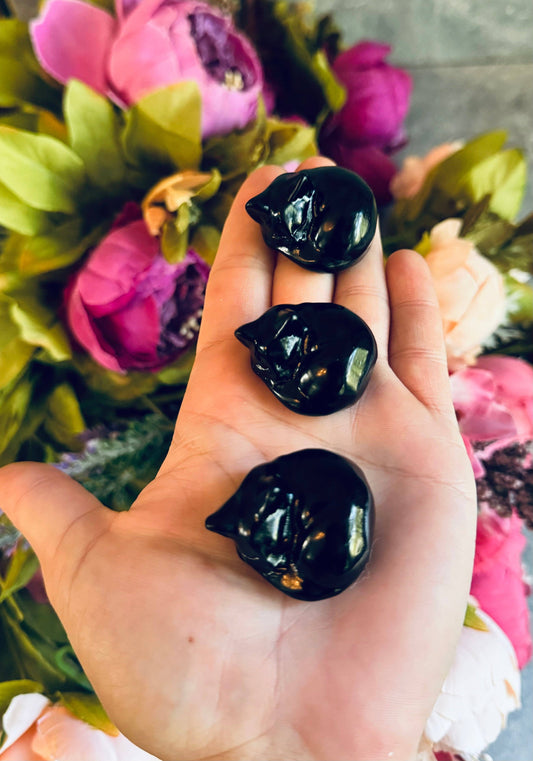 Sleepy Black Obsidian Cats, Mini Black Cat, Black Crystal Cat, Cat Lover Gift